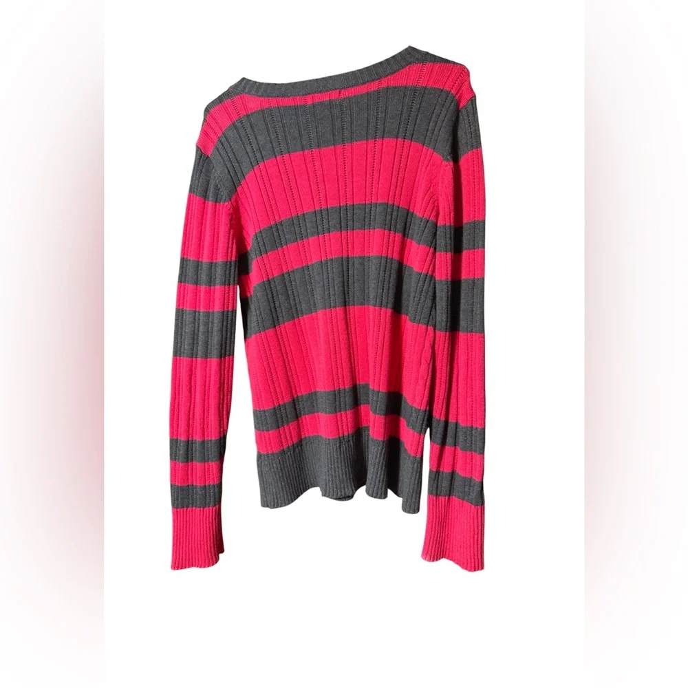 Pink & Gray Striped Cable Knit V-Neck Sweater XXL Oversized Cozy Preppy - Picture 3 of 3